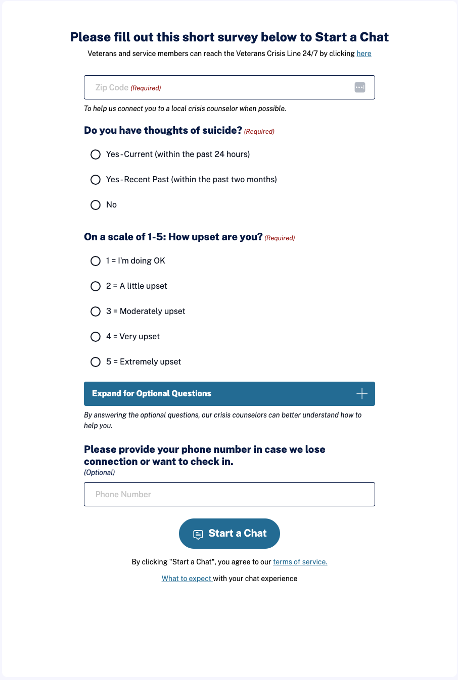 988 Pre-Chat Survey: Reducing Friction at a National Crisis Line