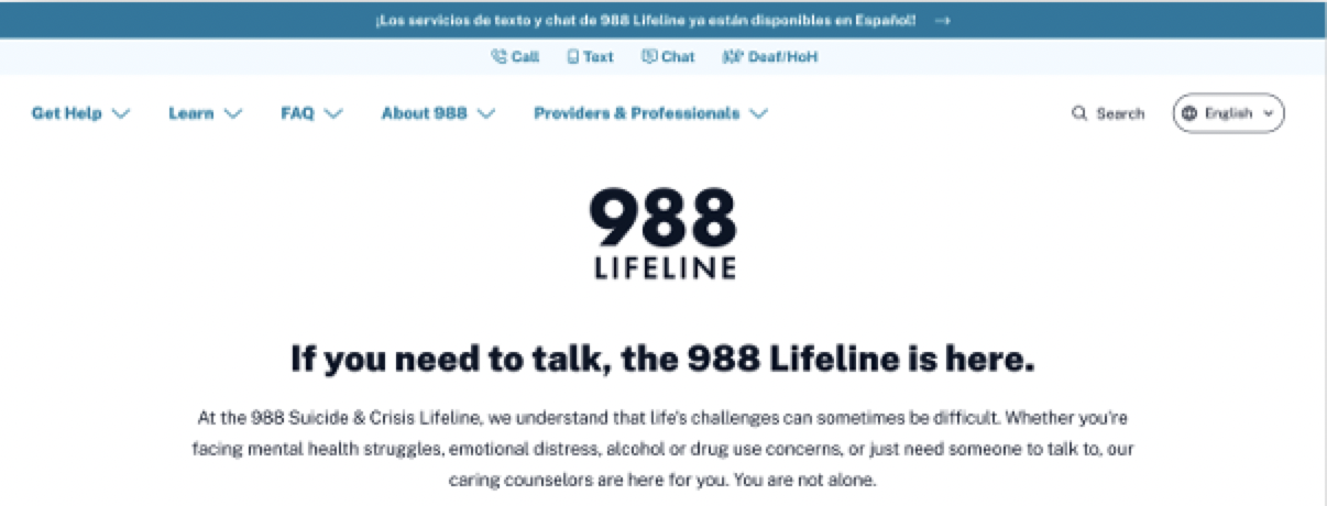 988 Suicide & Crisis Lifeline Homepage Redesign