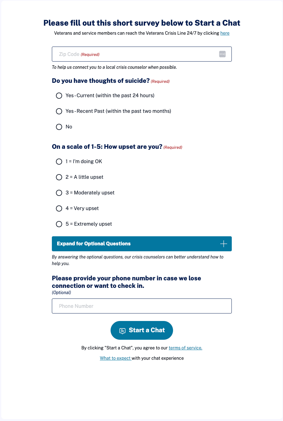 988 Pre-Chat Survey: Reducing Friction at a National Crisis Line