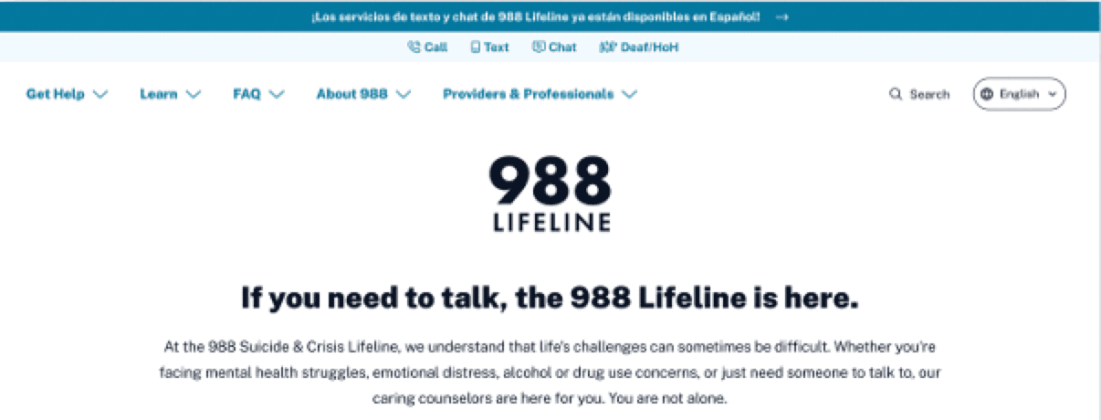 988 Suicide & Crisis Lifeline Homepage Redesign